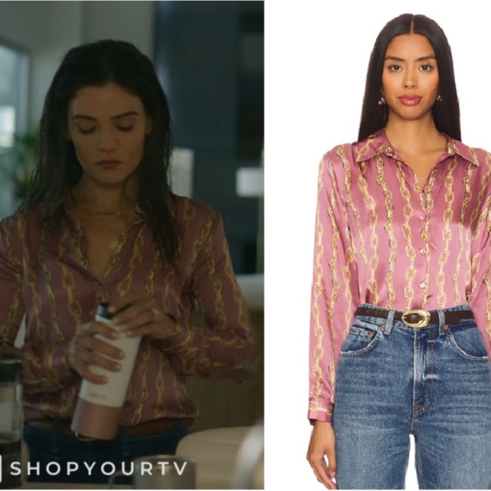 L'AGENCE TYLER SILK BLOUSE MAUVE ROSE METALLIC CHAIN IN XS